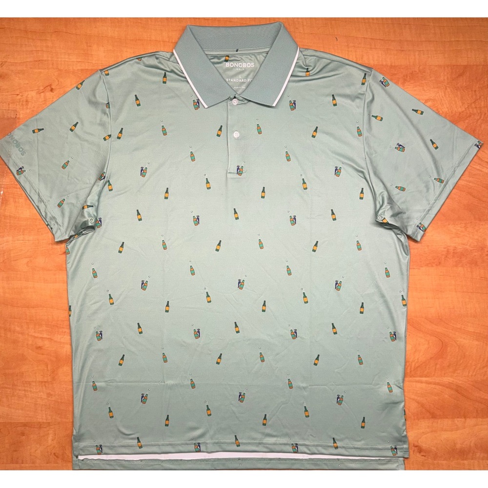 Bonobos Golf Mens Standard Fit Polo Shirt Green Beer Bottle Bird Print Large